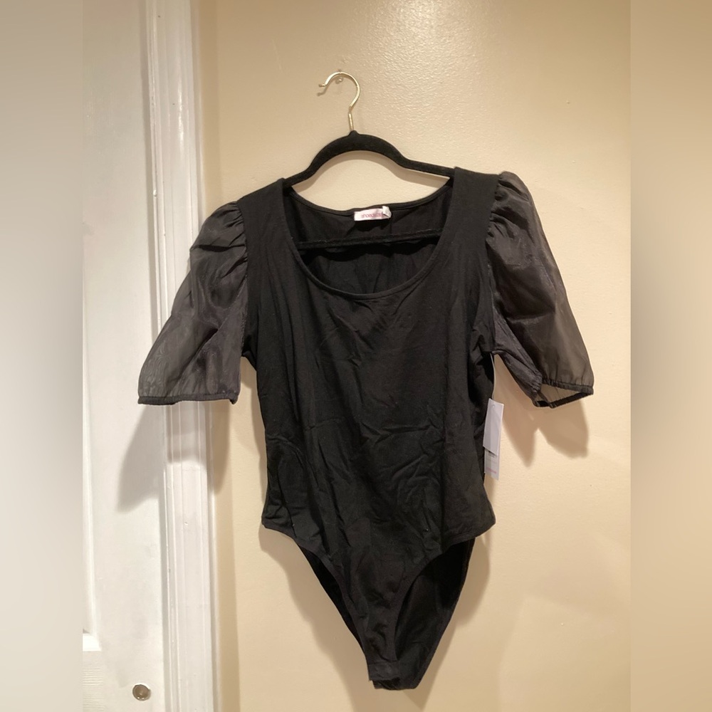 Black Bodysuit Women’s X Large Sheer Sleeves NWT